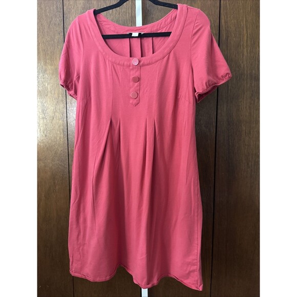 ?Vtg Ann Taylor LOFT Cotton Blend Minimalist Dress Pink Sz L Pleated Lg Buttons - Picture 1 of 5